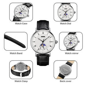 SKMEI 9308 Moon Phase Roman Leather Watch - silver/black image 6