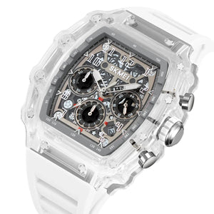 SKMEI 2305 Tonneau Skeleton Dial Chronograph Watch - white/transparent/white image 0