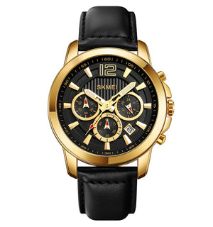 SKMEI - 1989 - Chronograph High Quality Leather Watch - Gold/Black image 2