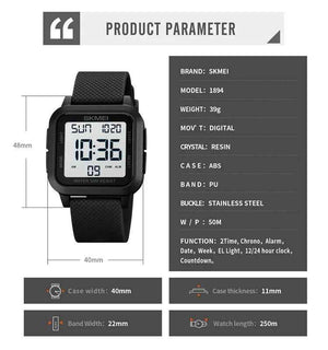 SKMEI 1894 Classic Digital Square Watch - Black/white