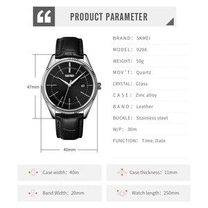Skmei - 9298 - Leather Strap Analog Quartz Watch - Silver/Black-Black image 4