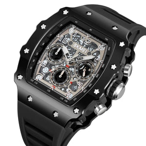 SKMEI 2305 Tonneau Skeleton Dial Chronograph Watch - Black/Black image 0