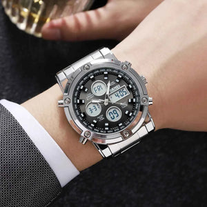 SKMEI 2556 Dual Time Analog Digital Stainless Steel Watch - Silver/black