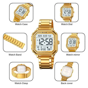 SKMEI 2559 Digital Classic Sports Watch – Gold/Steel Strap