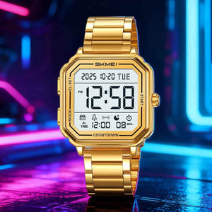 SKMEI 2559 Digital Classic Sports Watch – Gold/Steel Strap