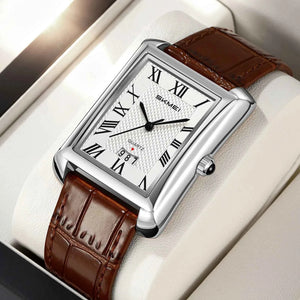 SKMEI 2575 Elegant Rectangle Leather Watch - Silver/Brown