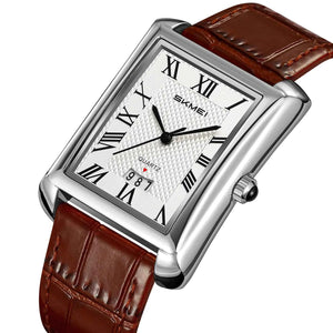 SKMEI 2575 Elegant Rectangle Leather Watch - Silver/Brown