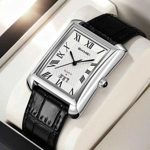 SKMEI 2575 Elegant Rectangle Leather Watch - Silver/Black