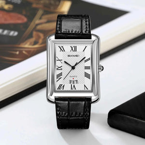 SKMEI 2575 Elegant Rectangle Leather Watch - Silver/Black