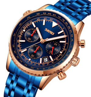 SKMEI 9333 Analog Chronograph Stainless Steel Watch - RoseGold/Blue image 2