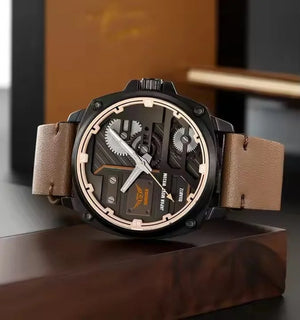 SKMEI 2289 Skeleton Dial Leather Strap Watch- Black/LightBrown image 2