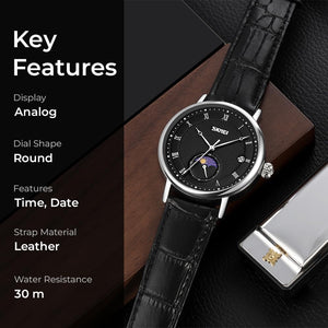 SKMEI 9308 Moon Phase Roman Leather Watch - black/black image 3