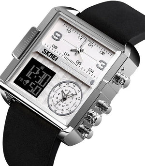 Skmei - 1584(strap) - Sports Quartz Waterproof Tiple time - Silver/Black-Leather image 1