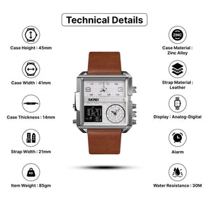Skmei - 1584 - Sports Quartz Waterproof Tiple time - Silver/Brown-Leather image 3