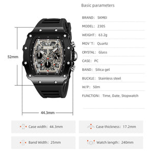SKMEI 2305 Tonneau Skeleton Dial Chronograph Watch - Black/Black image 8