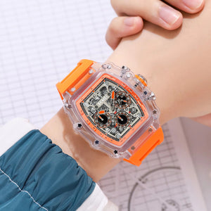 SKMEI 2305 Tonneau Skeleton Dial Chronograph Watch - White/Transparent-Orange image 2