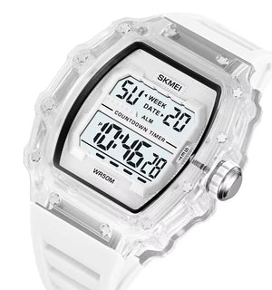SKMEI 2296 Digital Sports Countdown Timer Watch - White/Transparent-White image 1