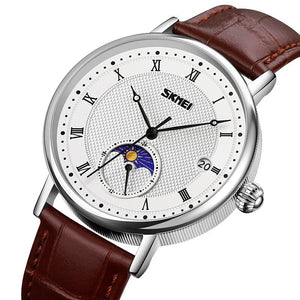 SKMEI 9308 Moon Phase Roman Leather Watch - silver/brown image 1
