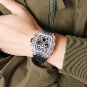 SKMEI 2305 Tonneau Skeleton Dial Chronograph Watch - White/Transparent-Black image 2