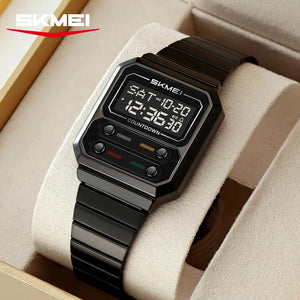 SKMEI 2448 Vintage Square Digital Stainless Steel Watch - black-black image 2