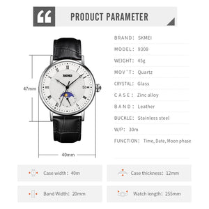 SKMEI 9308 Moon Phase Roman Leather Watch - silver/black image 7