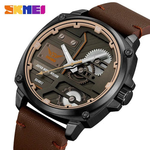 SKMEI 2289 Skeleton Dial Leather Strap Watch - black/darkbrown image 0