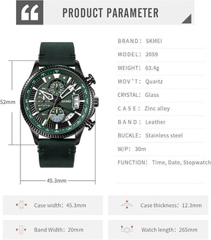 Skmei - 2059 - Three Dial Quartz Watch Leather Strap 30 Meter Waterproof - Green image 2