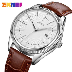 Skmei - 9298 - Leather Strap Casual Analog Quartz Watch - Silver/Silver-Brown image 0