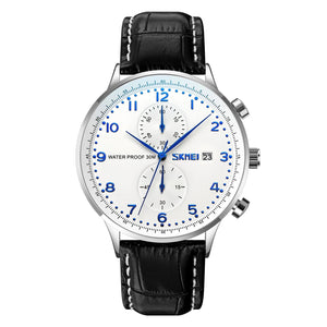 Skmei - 9301 - Classic Leather Chronograph Watch - Silver/Silver/Blue image 0