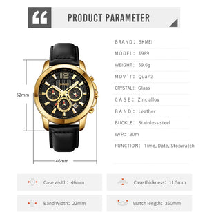 SKMEI - 1989 - Chronograph High Quality Leather Watch - Gold/Black image 6