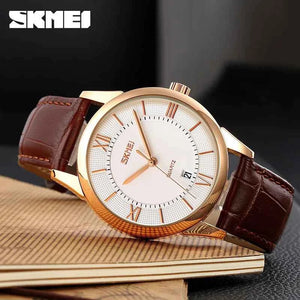 SKMEI 9261 Classic Quartz Leather Watch - Brown/Silver