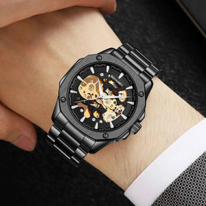 SKMEI 9378 Automatic Skeleton Watch - Black/Black