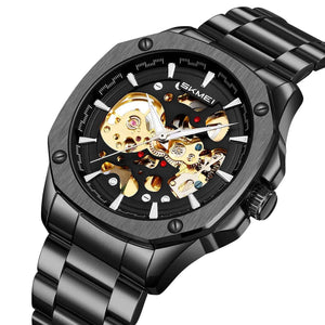 SKMEI 9378 Automatic Skeleton Watch - Black/Black