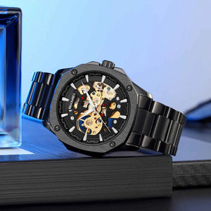 SKMEI 9378 Automatic Skeleton Watch - Black/Black