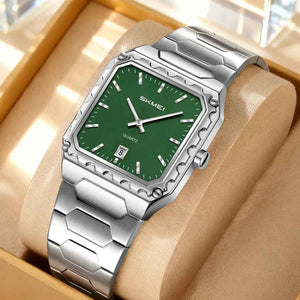 SKMEI 9383 Classic Square Steel Watch - Silver/Green