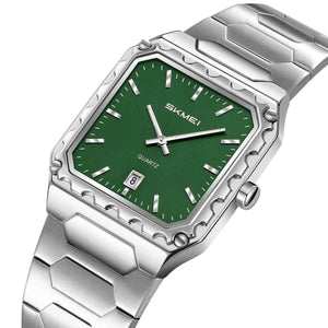 SKMEI 9383 Classic Square Steel Watch - Silver/Green