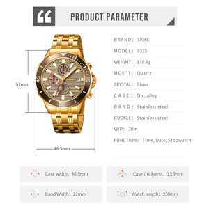SKMEI - 9335 - Luxury Quartz Chronograph Stainless Steel Watch - gold/gray image 4