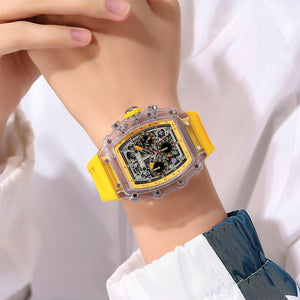 SKMEI 2305 Tonneau Skeleton Dial Chronograph Watch - White/Transparent-Yellow image 2