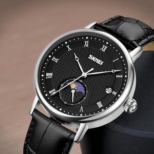SKMEI 9308 Moon Phase Roman Leather Watch - black/black image 1