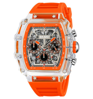 SKMEI 2305 Tonneau Skeleton Dial Chronograph Watch - White/Transparent-Orange image 1