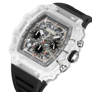 SKMEI 2305 Tonneau Skeleton Dial Chronograph Watch - White/Transparent-Black image 0
