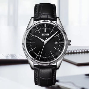 Skmei - 9298 - Leather Strap Analog Quartz Watch - Silver/Black-Black image 1