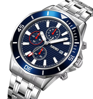 SKMEI - 9335 - Luxury Quartz Chronograph Stainless Steel Watch - silver/blue image 1