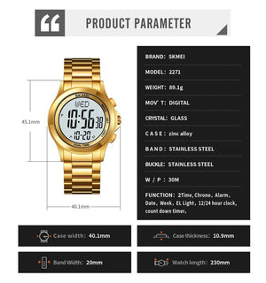Skmei - 2271 - Digital Dual Time Men's Stainless Steel Watch - gold image 3