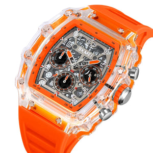 SKMEI 2305 Tonneau Skeleton Dial Chronograph Watch - White/Transparent-Orange image 0