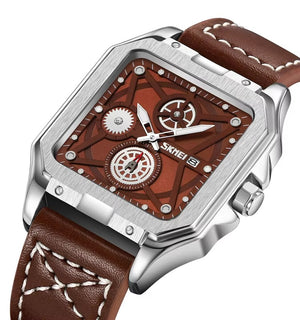 SKMEI - 9330 - Premium Down Second Square Dial Watch - silver/brown image 1