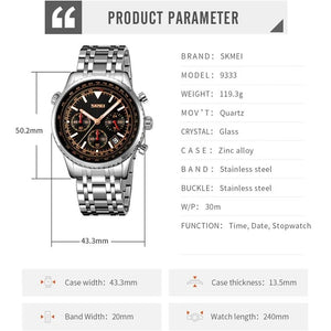 SKMEI 9333 Analog Chronograph Stainless Steel Watch - Silver/Black image 4