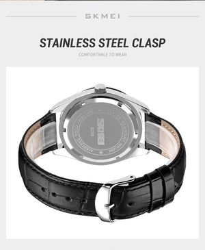 Skmei - 9298 - Leather Strap Casual Analog Quartz Watch - Silver/Silver-Black image 3