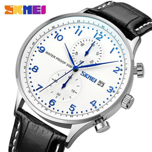 Skmei - 9301 - Classic Leather Chronograph Watch - Silver/Silver/Blue image 1