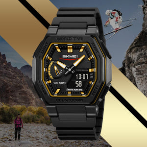 SKMEI - 2438 - Dual Sports Watch Multiple Time Zone - Black/Gold image 1